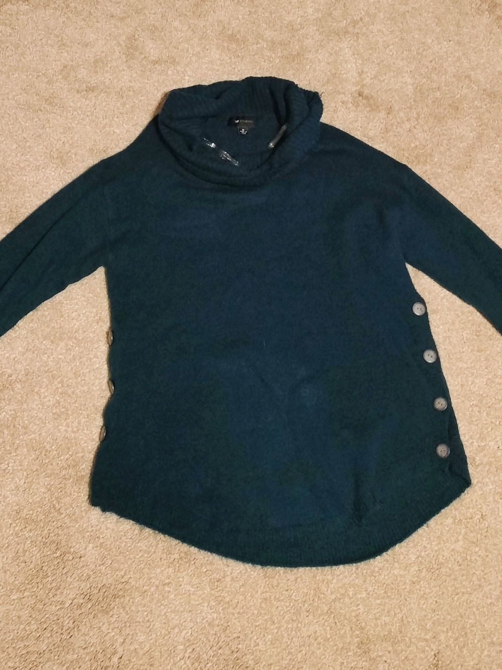 AB Studio Teal Cowl Neck Side-Button Sweater